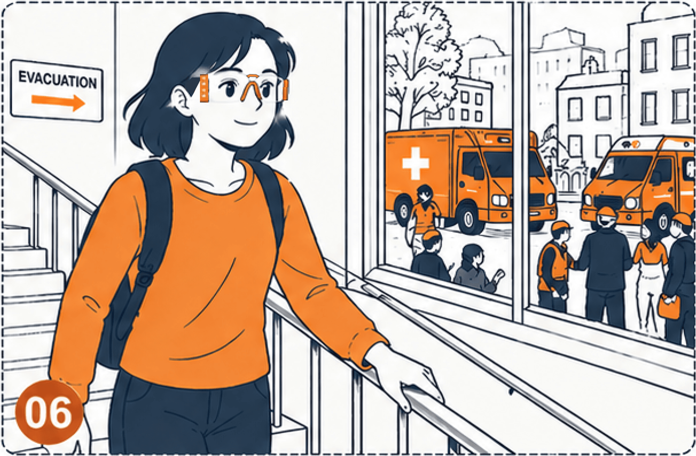 Twelve floors down. She makes it out.